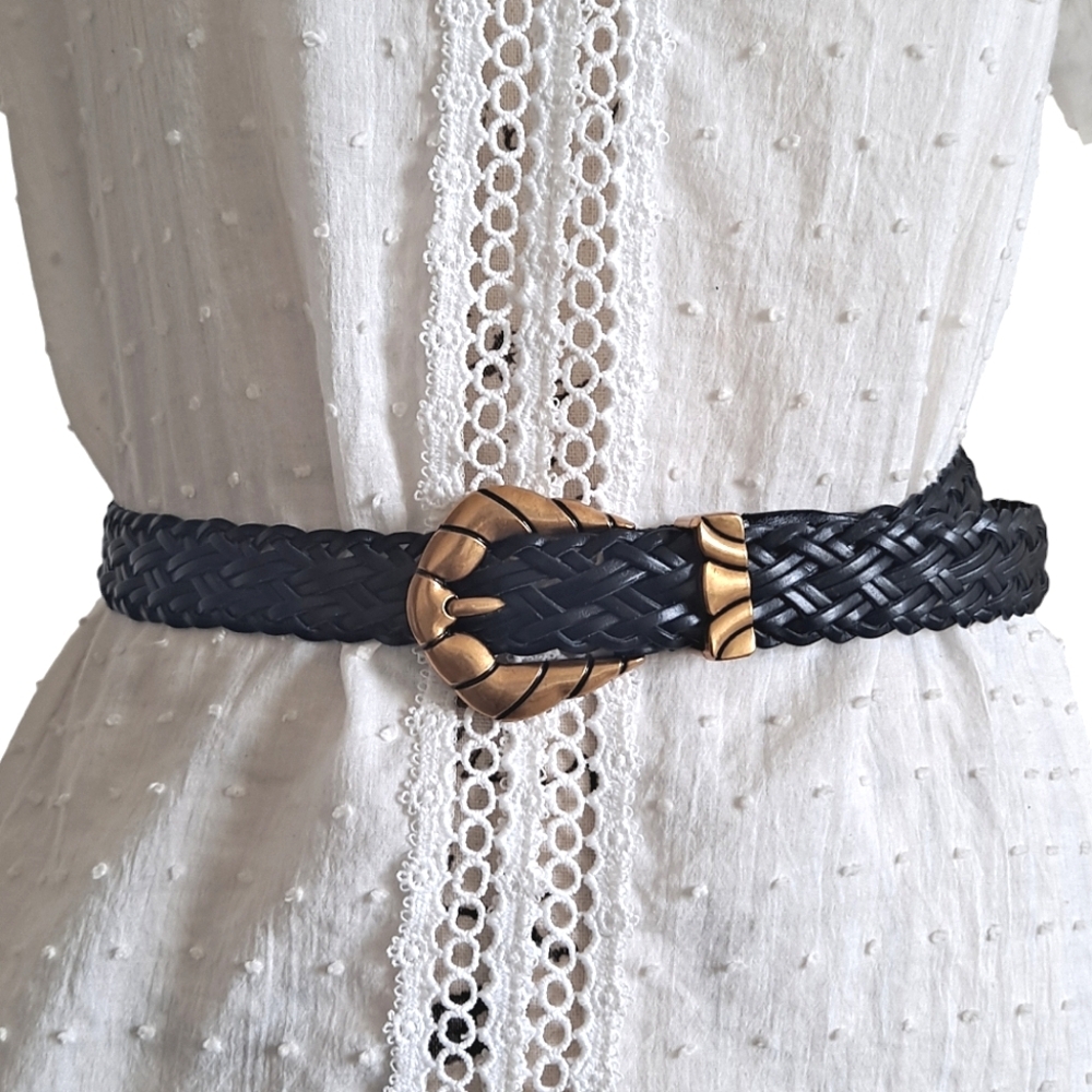Western leather genuine womens Braided Black waist belt Boho Gold metal buckle